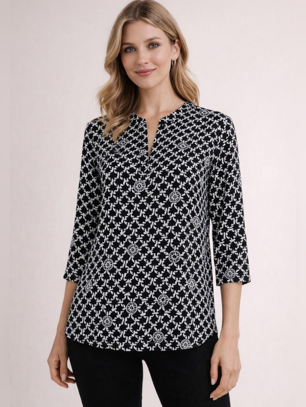Anne Klein Black & White Geometric Tunic Top | 3/4 Sleeve | Size Small